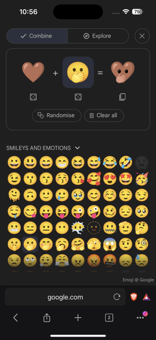 Смешивание эмодзи в Emoji Kitchen на вебе на iPhone