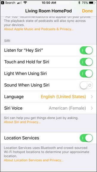 Экран с переключателями настроек Siri на HomePod