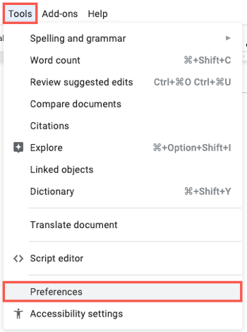 Инструменты, Настройки в Google Docs