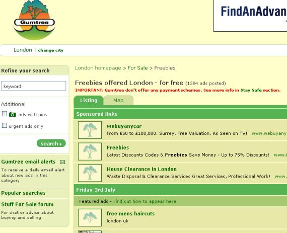 Логотип сообщества GumTree с примерами бесплатных объявлений