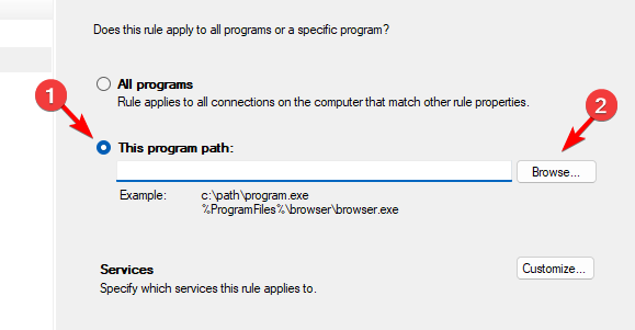 Выбор пути к приложению для применения правила