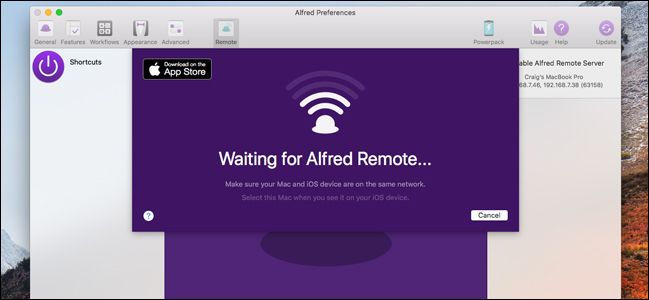 Процесс поиска iOS-устройства в Alfred Preferences