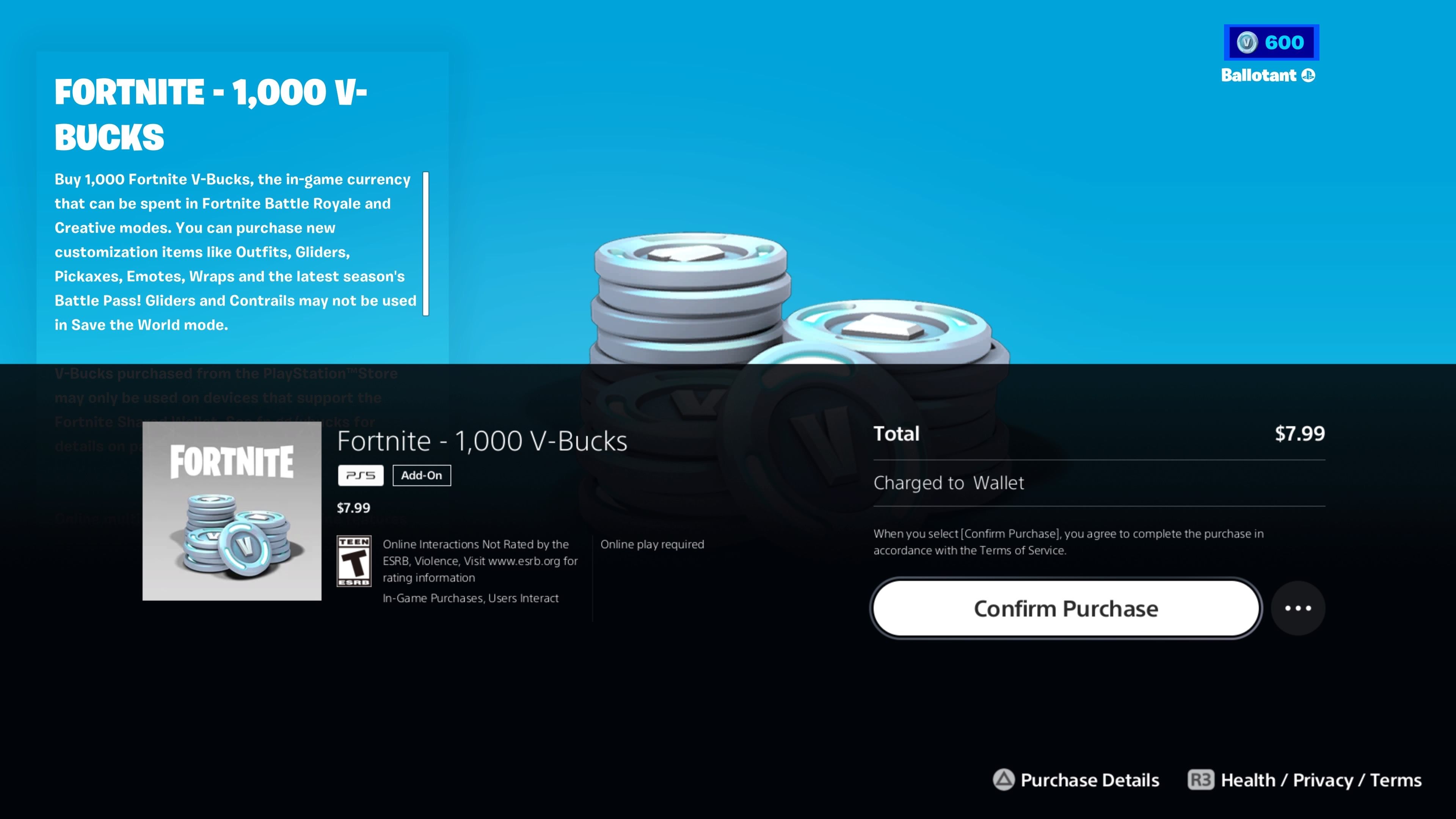 Экран подтверждения покупки V‑Bucks на PS5