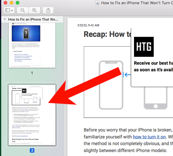 Миниатюры страниц в Preview с выделенной страницей и подсказкой нажать клавишу Delete.