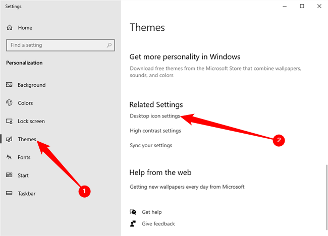 Выбор раздела Темы, затем настройки значков рабочего стола. 