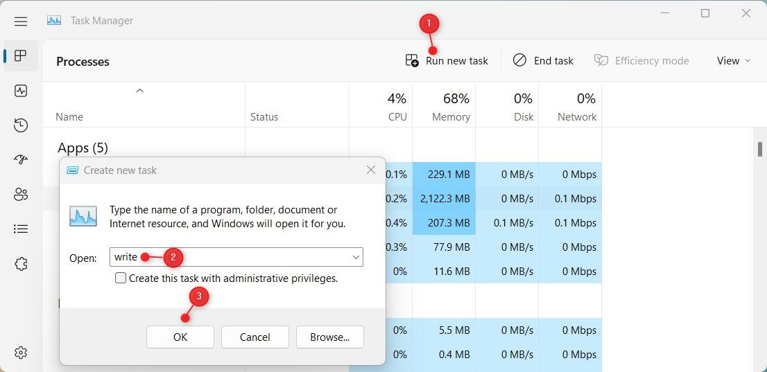 Окно Диспетчера задач с опцией Запустить новую задачу