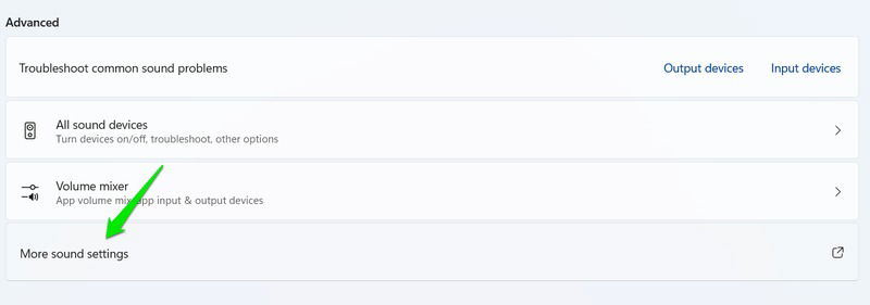 Ссылка «Дополнительные параметры звука» в настройках Windows