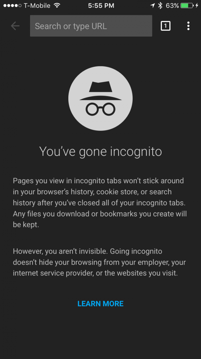 Экран уведомления в Chrome о переходе в режим инкогнито с кратким описанием ограничений