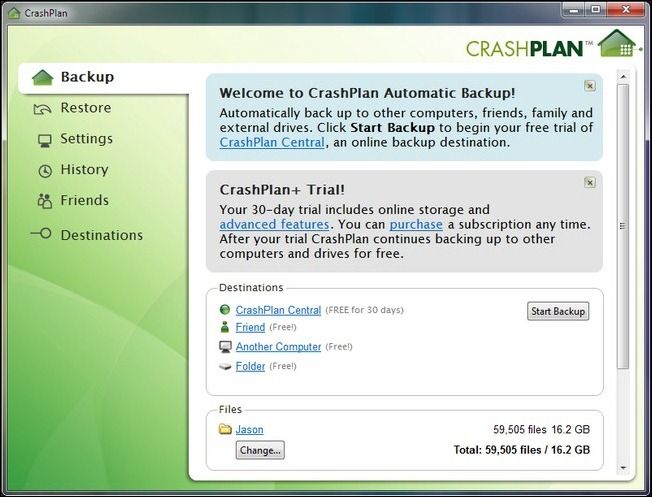 Главное окно CrashPlan после первого запуска — индексация файлов