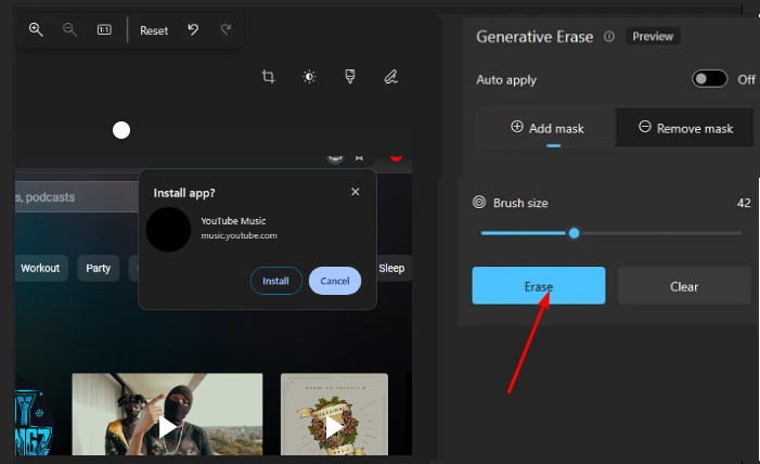 Кнопка «Erase» в панели Generative Erase