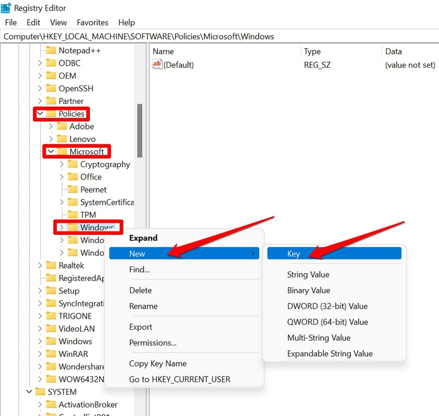 Создание нового ключа в реестре Windows