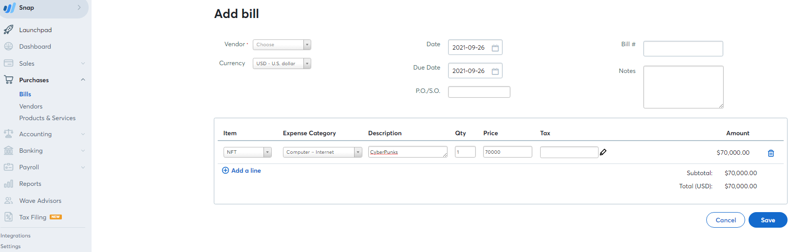 Add Bill on waves accounting window