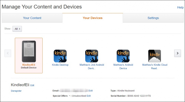 Список зарегистрированных устройств Kindle