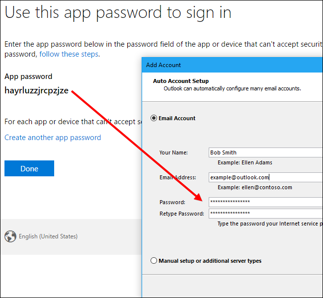 Пример сгенерированного пароля для приложения в интерфейсе безопасности Microsoft