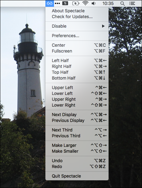 Меню Spectacle со списком действий и сочетаний