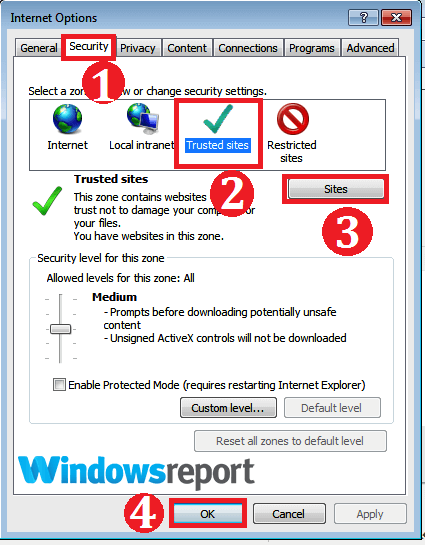 Выбор раздела доверенных сайтов в настройках