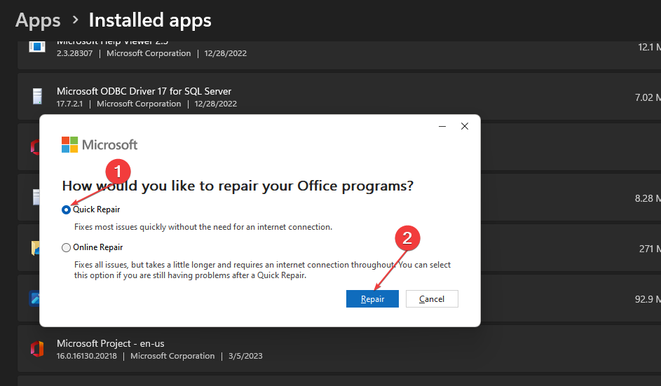 Окно восстановления Microsoft Office с опцией Быстрое восстановление