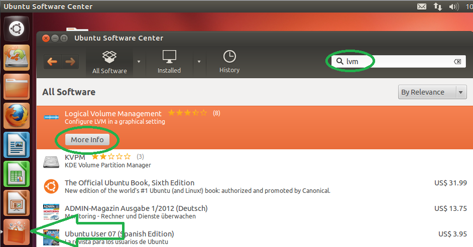Скриншот: поиск LVM в Ubuntu Software Center