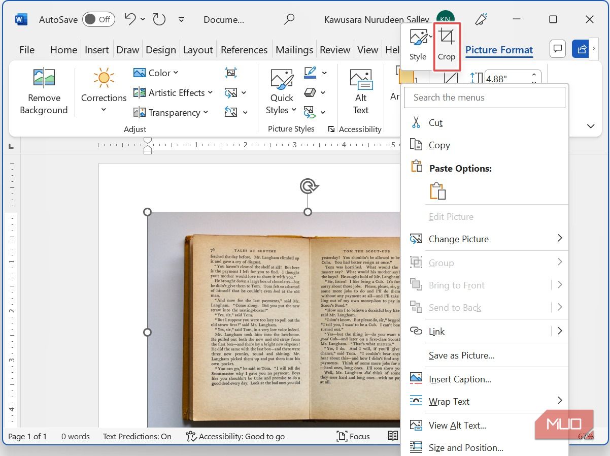 Правый клик по изображению в Word и выбор Обрезать