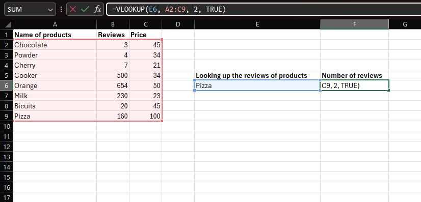 Ввод формулы VLOOKUP в Excel