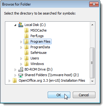 Выбор папки Program Files для поиска