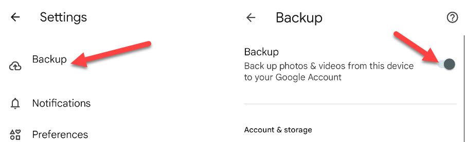 Опция Backup в Google Photos: включить бэкап