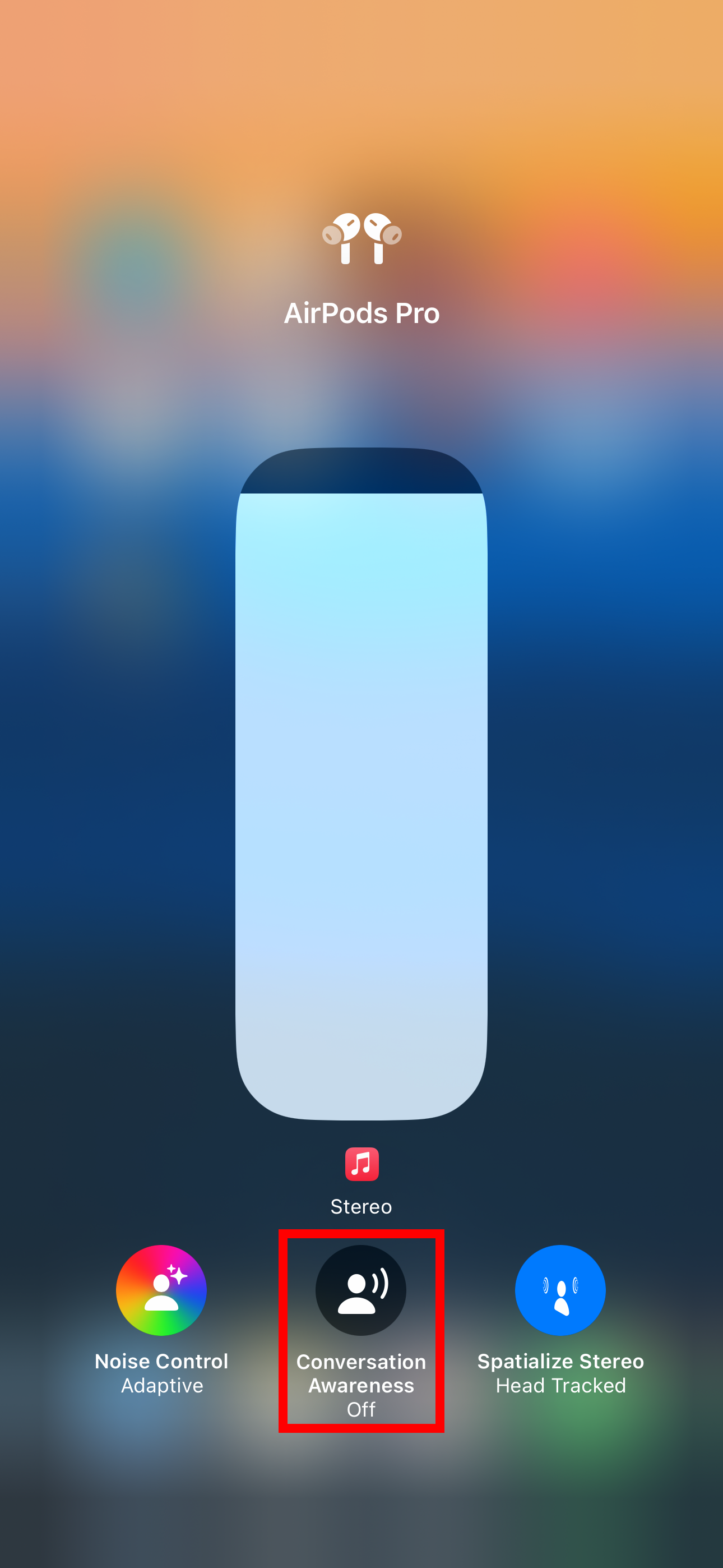 Пункт управления iPhone с отключенной опцией Conversation Awareness