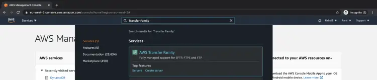 Поиск Transfer Family в консоли