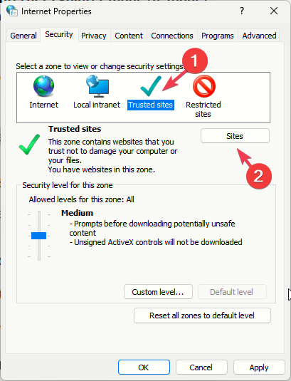 Вкладка Безопасность — зона «Надёжные узлы» и кнопка «Узлы»