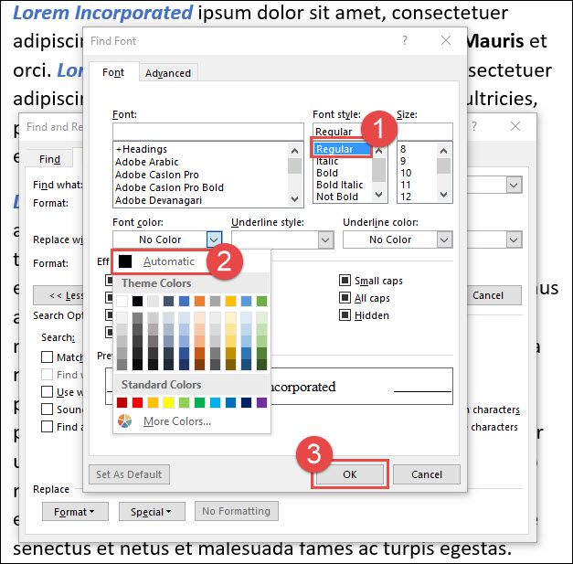 Выбор формата 'Обычный' и цвета 'Авто' для замены