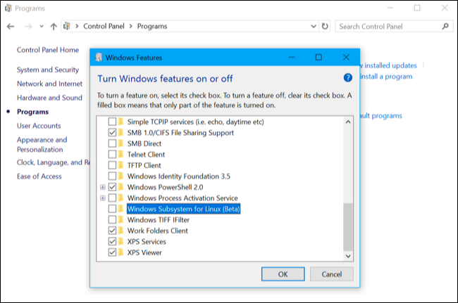 Диалог компонентов Windows с опцией Windows Subsystem for Linux