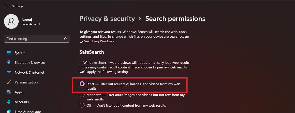 Строгая фильтрация в настройках Windows SafeSearch