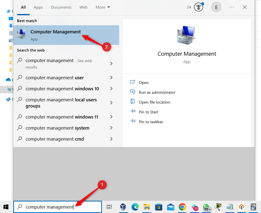 Результаты поиска Windows для Управления компьютером