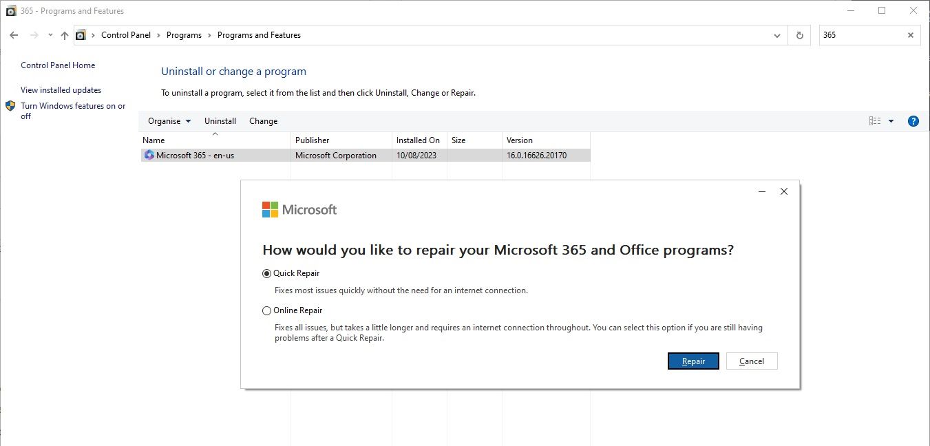 repair microsoft 365 and office programs options popup