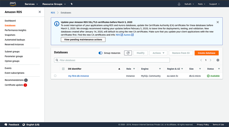 Статус инстанса RDS — Available
