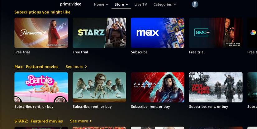 Экран Prime Video Channels: коллекция каналов и подписок в Amazon Prime.