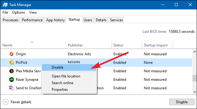 Контекстное меню с пунктом Отключить в Диспетчере задач