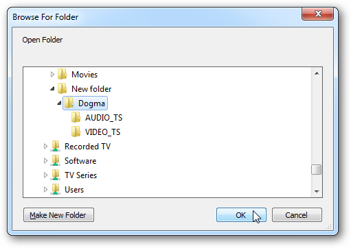 Выбор папки с VIDEO_TS для VLC