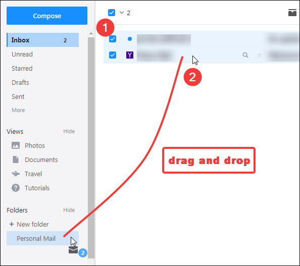 Перетаскивание писем в папку мышью