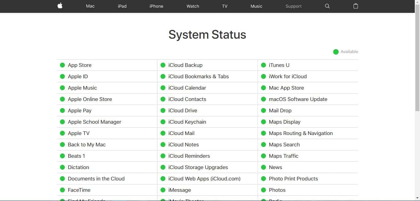Страница статуса iCloud с индикаторами сервисов