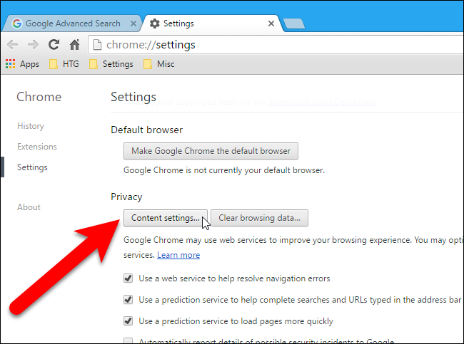 Кнопка настройки содержимого в Chrome