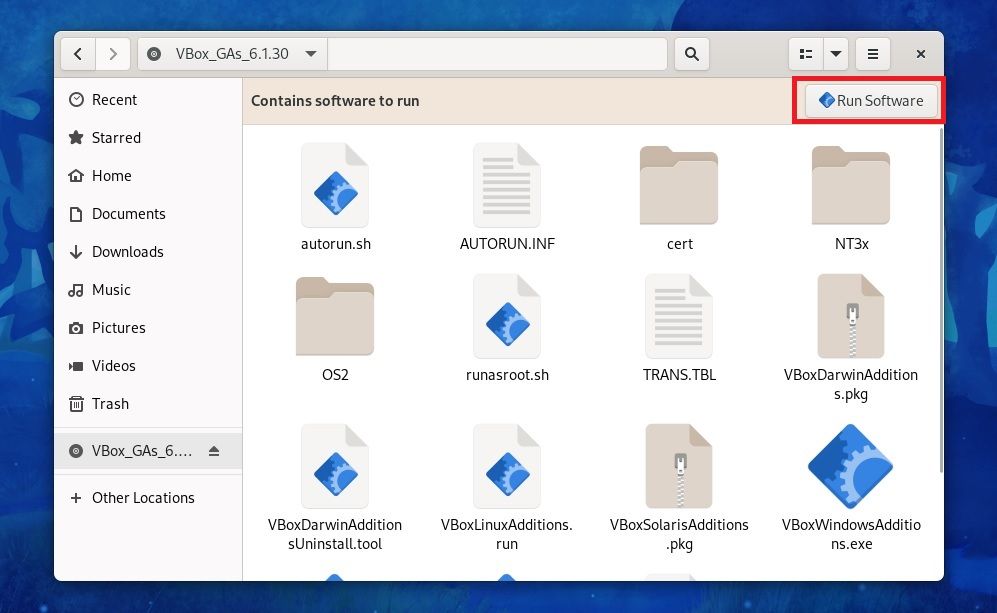 установка Guest Additions в Fedora: диалог запуска установщика