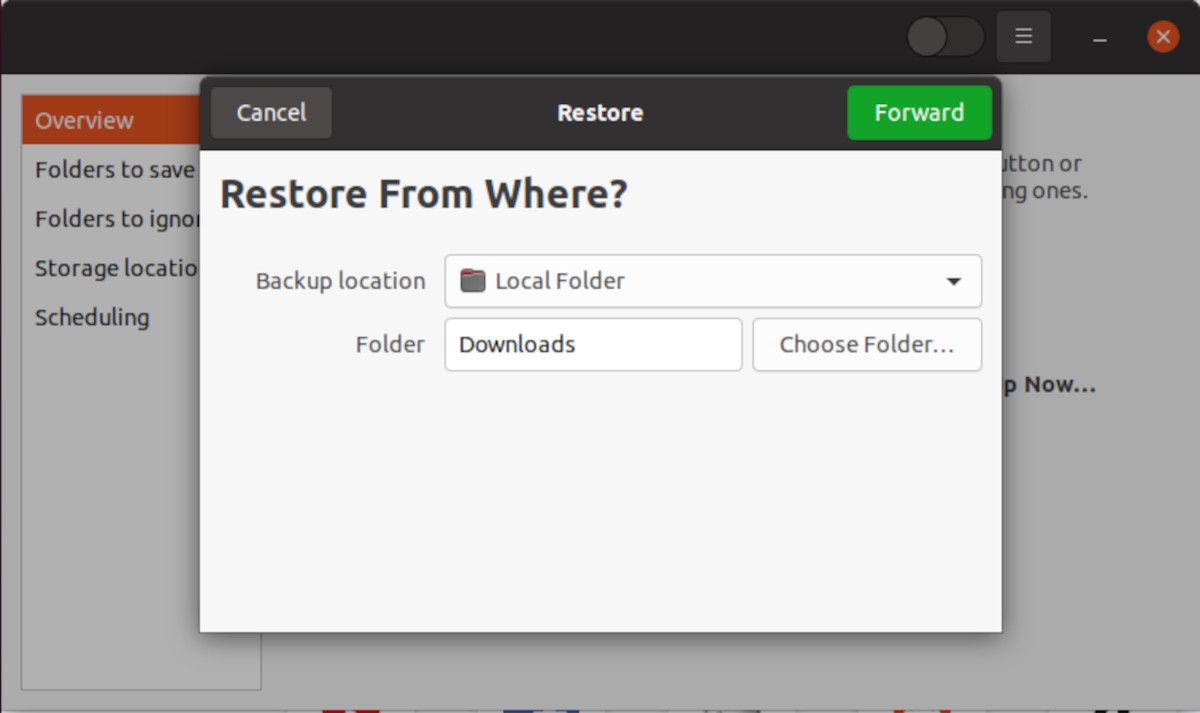 Процесс восстановления данных в Déjà Dup