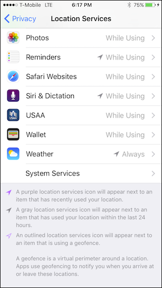 Пункт Системные службы в настройках iPhone