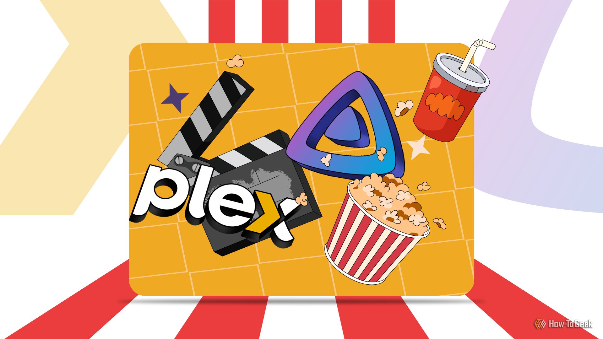 Illustration of a clapperboard, a popcorn bucket, and a drink cup, along with the Plex and Jellyfin logos.
