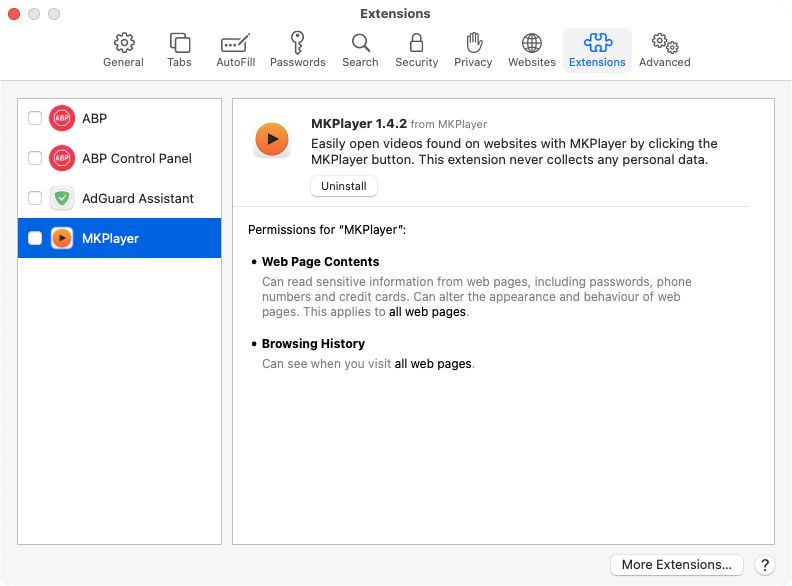 Disable Uninstall Safari Extensions