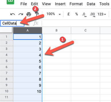 Поле имени слева от строки формул, выделен столбец и курсор в поле имени