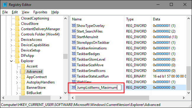 Скриншот создания DWORD значения JumpListItems_Maximum