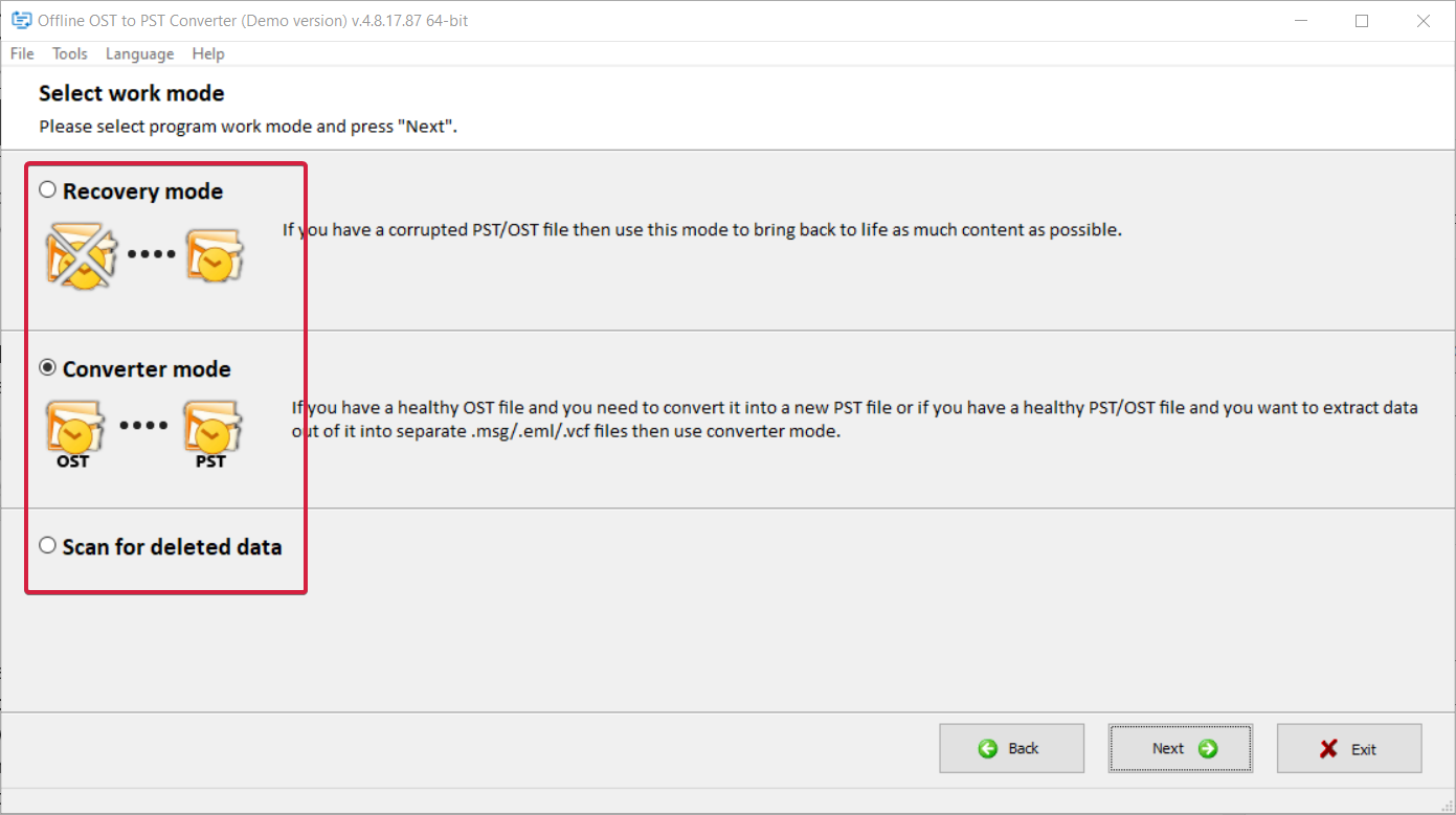 Экран с вариантами режима восстановления: восстановление, конвертер, поиск удалённых