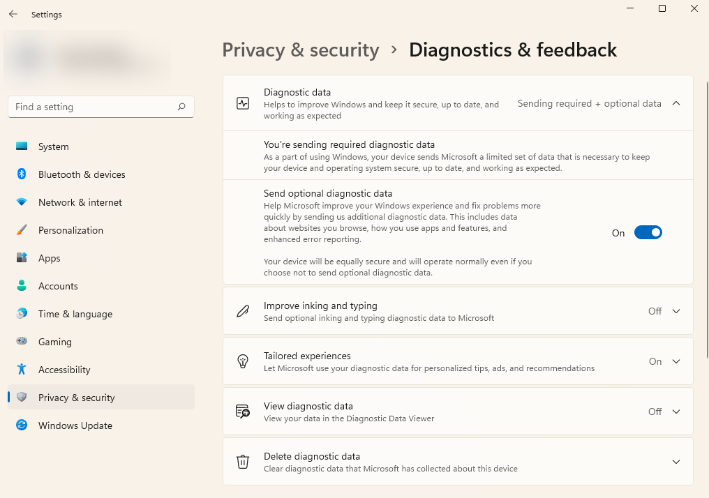 Окно параметров Windows с выключенной отправкой необязательных данных